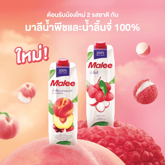 New ! Malee 100% Lychee and Peach Juice The flavors of Joy